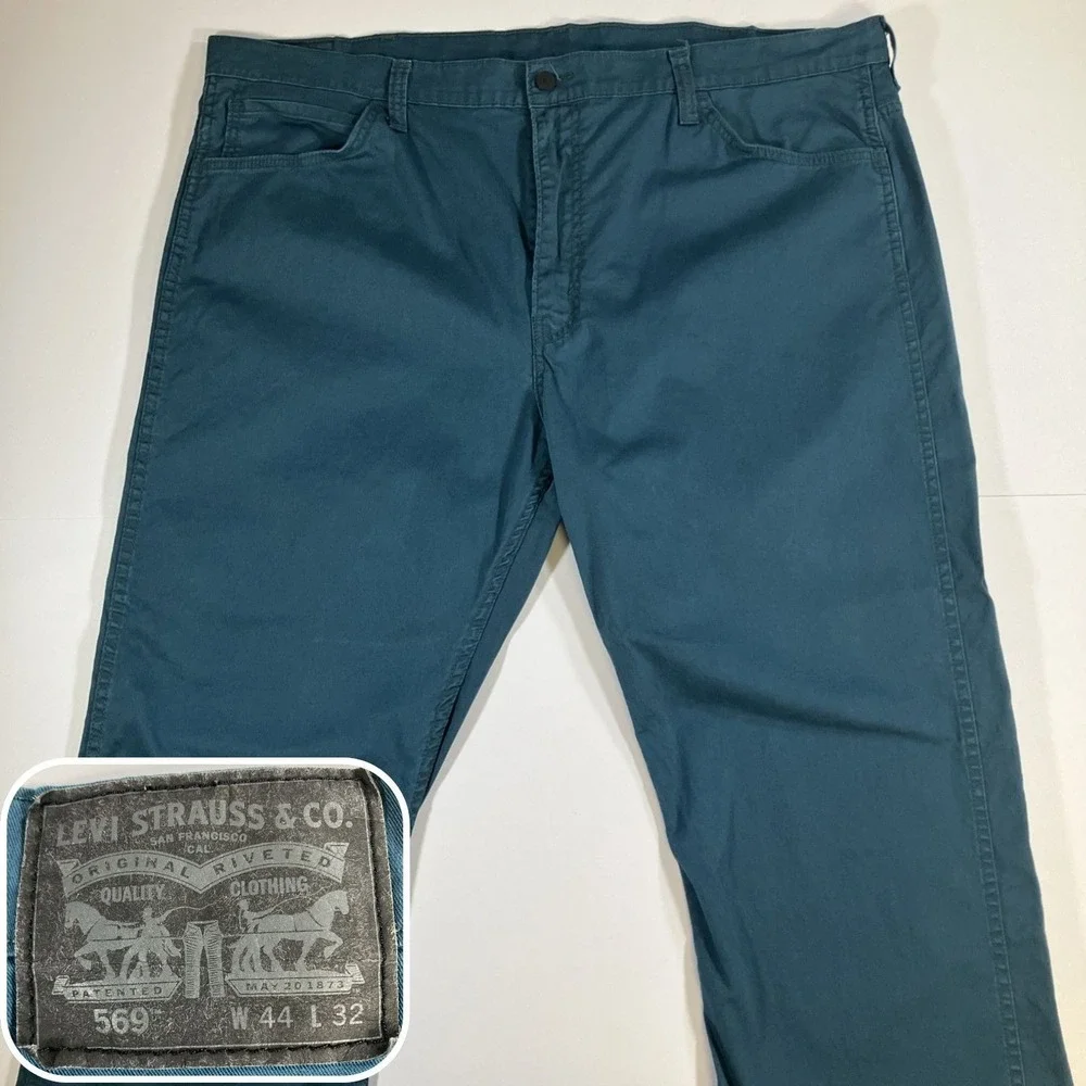 Levi's 569 Pants Mens 44x32 Teal Blue Loose Straight Stretch Twill